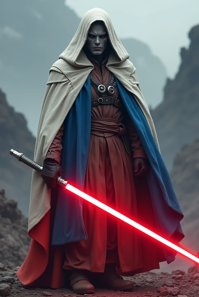 The country Chile as a Sith Lord from Star Wars, angular grey face, Cape colors white, blue and red, red lightsaber, agressive, frightening, ultra-realistic