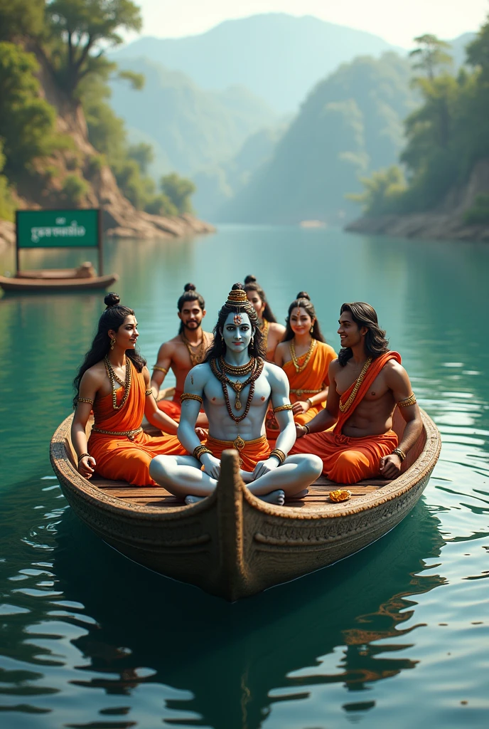 Lord siva ,lord Parvati devi, lord mahavishnu, lord Lakshmi devi ,lord Hanuman's, lord Sree Raman all o them sitting in an open boat in a river. Rever name is mentioned MANIMALA RIVER in a green sign board. 