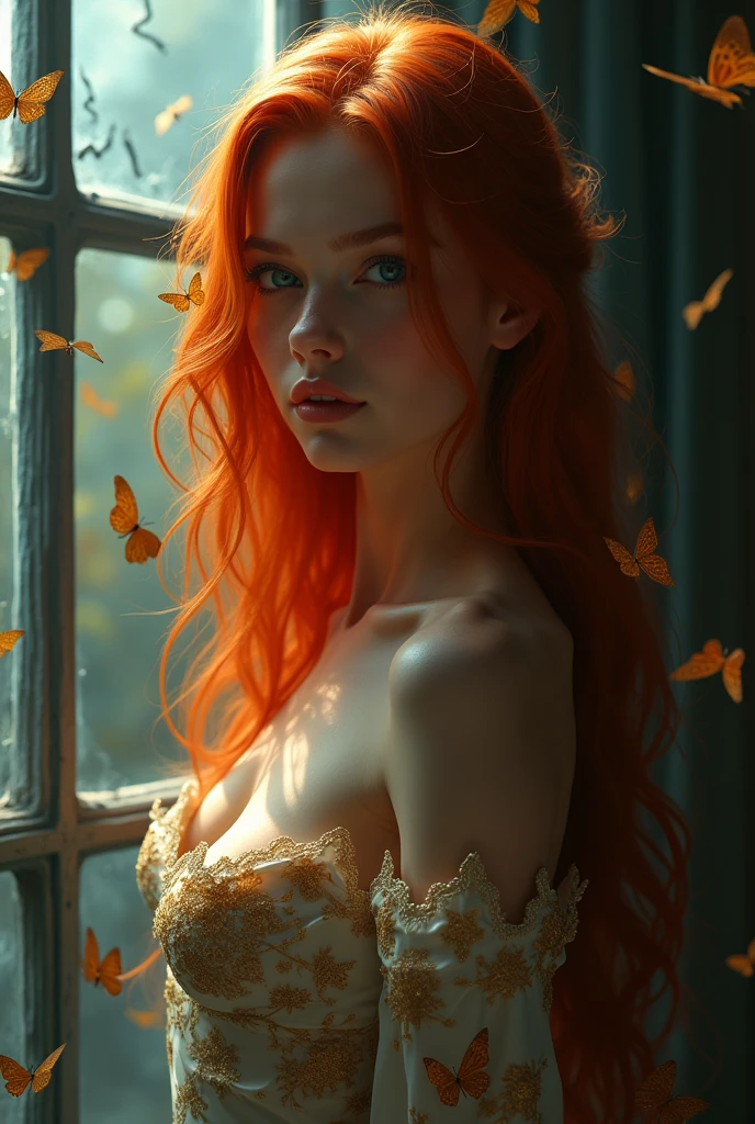 (solo, full body photo:1.3), (action packed:1.3), (haze, fog, mist:1.3), chiaroscuro, best quality, photorealistic, 1woman, (cute), (24yo:1.2), redhead, long ginger hair highly detailed, 1700'S, digital photography, art by artgerm and ruan jia and greg rutkowski surreal painting gold butterfly filigree, broken glass, (masterpiece, sidelighting, finely detailed Fashionable eyes: 1.2) (perfect oval large eyes that gazes at the viewer), beautiful detailed face, blue gorgeous perfect eyes, (blonde hair ponytail), (attractive young woman:1.3), (thick amazing hair), (seductive:1.1), (blushing:1.1)