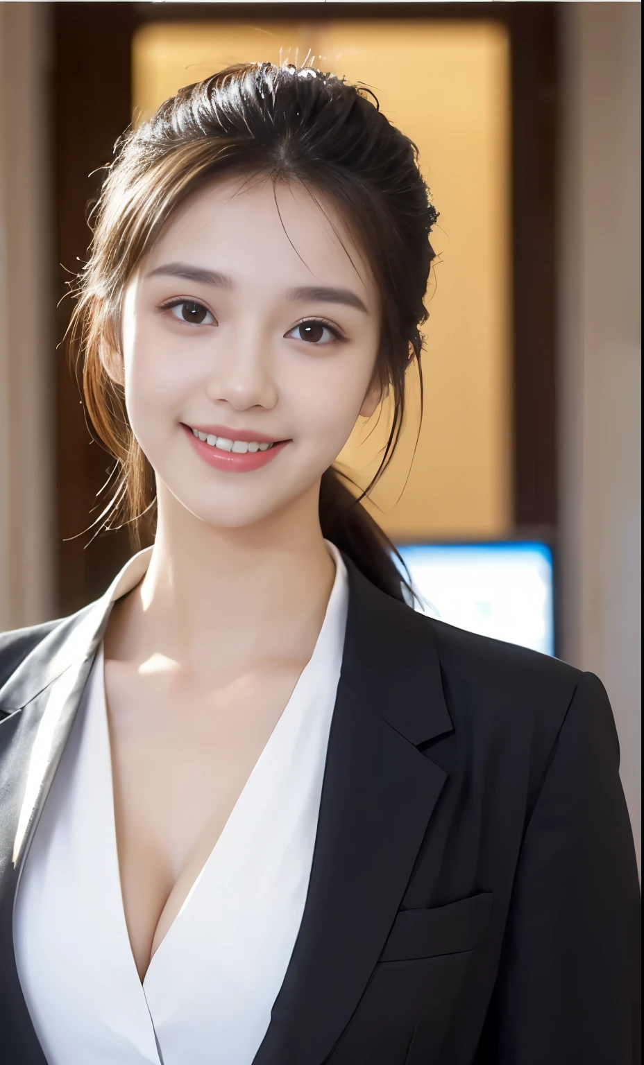 Surreal image of a beautiful elegant girl with features of a wealthy successful person,20yo,1girl,solo, very detailed and sharp  features and expressions, detailed shadow eyes, detailed nose, detailed white teeth, extremely detailed face, highly detailed natural breast of cleavage, deldetailed face, soft shiny skin, smile, looking at the viewer, respectful and polite, looks like Jessica Alba, wearing an elegant, polite suit, a beautiful jacket to [black] BREAK background: sitting in a luxurious office with a neat desk, behind you can see a tall building floor in America (focus on girls) ), cluttered maximalism, full view, full body. BREAK settings: (rule of thirds1.3), perfect composition, studio photos, trends on artstation, depth of perspective , (Masterpiece, Best quality, 32k, UHD: 1.4), (sharp focus, high contrast, HDR ,super detail,intricate detail,surreal,kodachrome 800:1.3),(light cinema light:1.3),(by Karol Bak$,Alessandro Pautasso$,Gustav Klimt$ and Hayao Miyazaki$:1.3),art_booster,photo_b00ster, real_booster