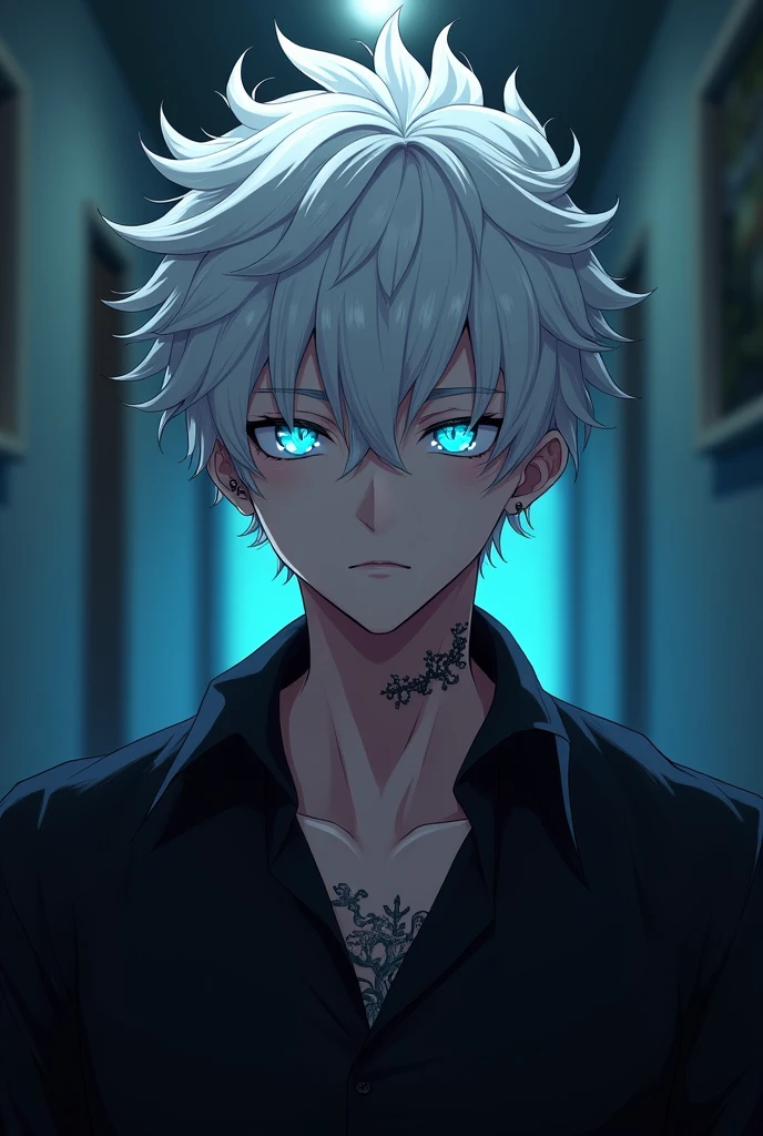 1 boy, white hair, short hair, messy hair, light blue eyes, glowing eyes, handsome, ikemen, beautiful and elegant, black shirt, tattoos on neck, soft, hallway background, midnight, death stare, cool, looking you, fancy, masterpiece, high quality, professional art, anime from link click style, basic art, cross earring on right ear with front view