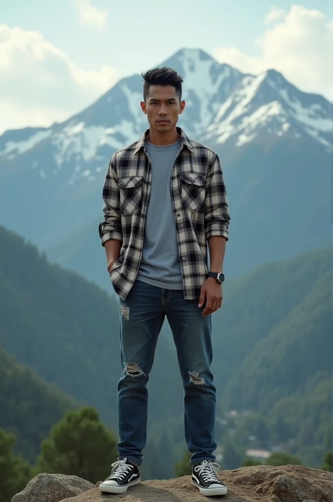 A handsome Indonesian man with a clean face, very short black hair with the sides faintly visible, wearing a plaid shirt, slightly torn jeans, sneakers, with a Hollywood mountain background. Realistic hd 