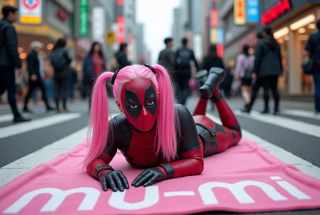 (Japanese middle-aged woman), (40 years old), (Deadpool costume and makeup:1.8), Deadpool woman with pink hair and twin tails、In the middle of Tokyo&#39;s scramble crossing「mu-mi」She is lying on a pink bath mat with the words、Surrounded by passers-by。