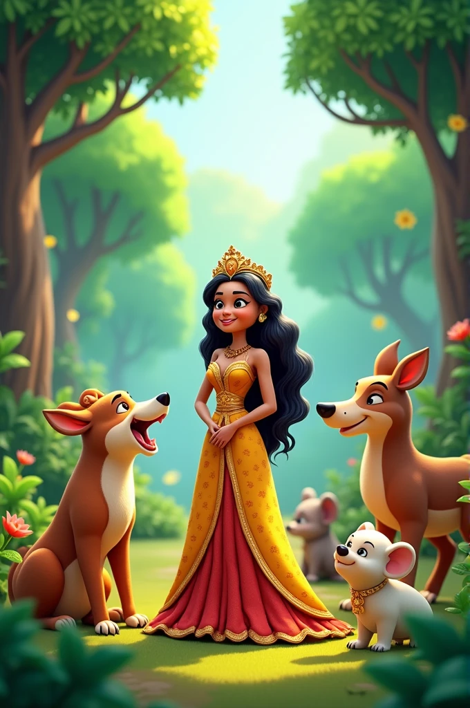 Cartoon 3d 5 image style "The lush, vibrant forest is shown with animals happily roaming around. The queen, Sheetal, is in the center, dressed in a regal gown and crown, interacting lovingly with the animals. The atmosphere is peaceful and bright"