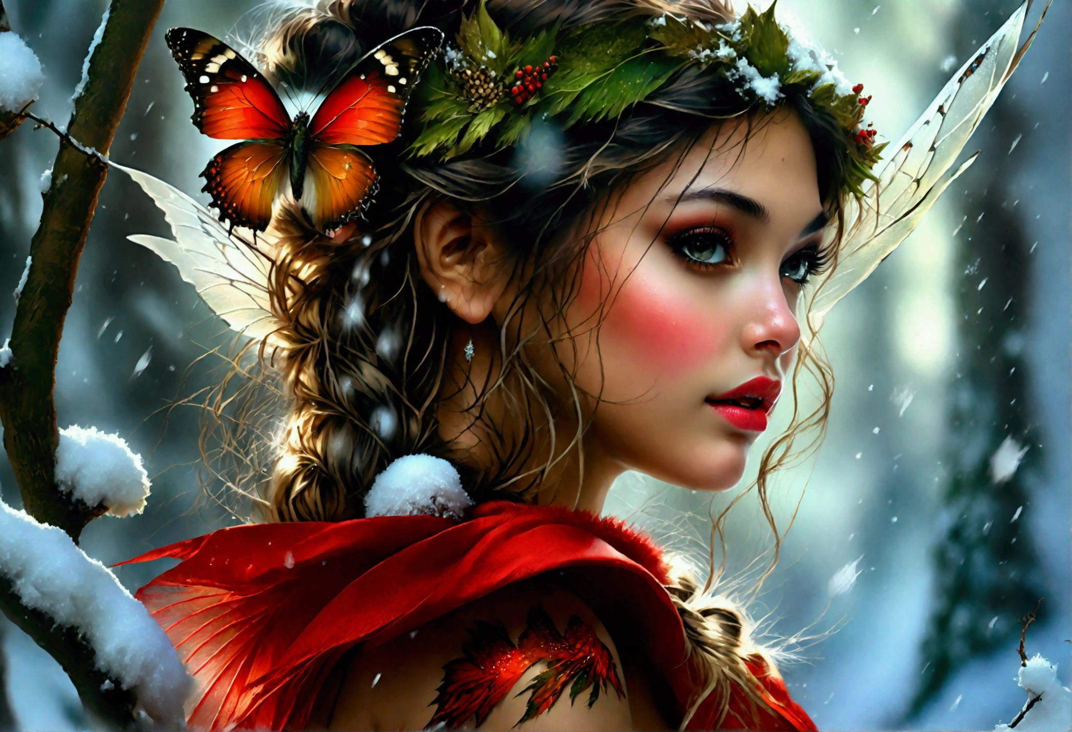 (oil painting art: 1.5) a most beautiful fairy playing in the snow, a beautiful fairy, (best detailed face: 1.3), spread butterfly wings, dynamic hair color, dynamic hair style, busty, wearing red silk dress, intricate silk, wearing high heels boots, she is playing the snow, fresh snow in the forest, high snow, High Detail, Ultra High Quality, High Resolution, 16K Resolution, Ultra HD Pictures, Ultra Realistic, Clear Details, Realistic Detail, Ultra High Definition, DonMF41ryW1ng5XL