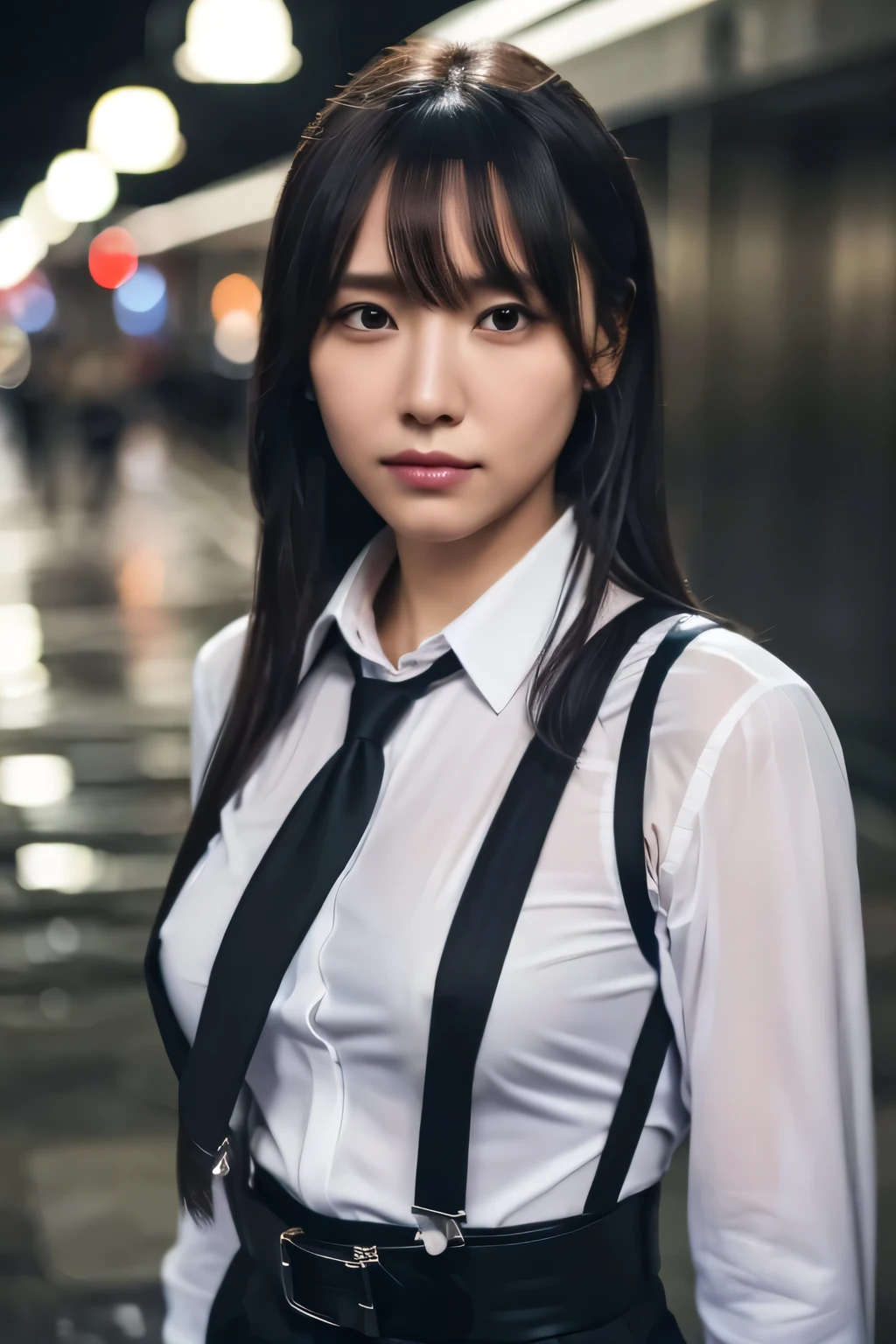 a woman in a suit, belt, hands behind back, sweating, suspenders, black pants, sexly, large breasts, see-through clothing, rain, detective, office worker, white button-up shirt, (best quality,4K,8k,highres,masterpiece:1.2),ultra-detailed,(realistic,photorealistic,photo-realistic:1.37),hyper-detailed,highly detailed face and body, Slender　thin　suspenders　Moderate breasts　See-through shirt　Nipples　holster　chain　Pistol　Armament　criminal　Female criminal　knife