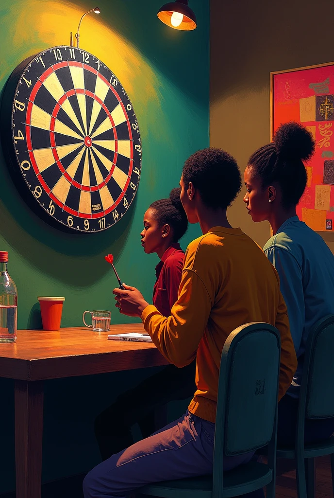 Focused african american university students playing darts. Image must be art style.