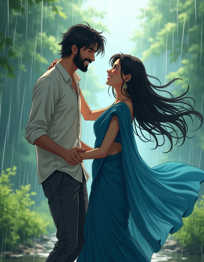 CREATE A ANIME STYLE LANDSCAPE IMAGE. Anime, Romantic, anime style featuring a anime couple dancing in the rain. The layout is centered, with the anime couple as the focal point. The man has a beard and wet, shoulder-length hair, wearing a white, soaked shirt and dark pants. The woman has long, wet hair and is dressed in a flowing, blue sari that billows with the movement. Both have light to medium skin tones and are smiling joyfully at each other. The background is blurred, with lush greenery and heavy rain creating a dreamy, intimate atmosphere. The overall mood is passionate and celebratory, capturing a moment of pure joy and connection. Anime style, anime, 4k, ULTRA HIGH QUALITY, UHD.