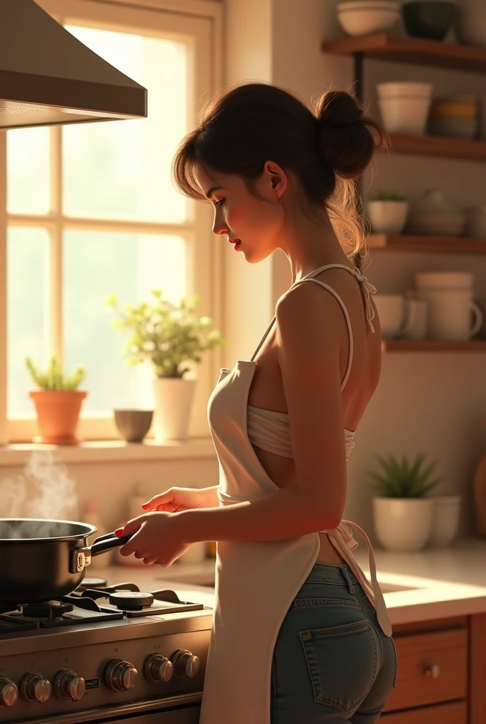 A cute mom in a naked apron stands with her back turned cooking in the kitchen.
