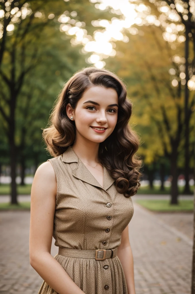 (retro vintage), photo, ((1940s atmosphere)), 20 year old woman, 1 girl, 8 K, HD, vintage dark dress, city park, stylish, Wavy hair, Brown hair, Close-up, European woman, evening, muted color correction, modest, front camera, foreground, short hair, in the center, body facing forward, smile, happy, pose models