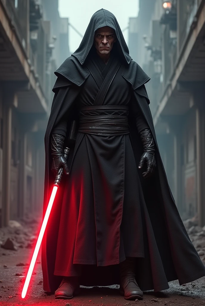 The country Chile as a Sith Lord from Star Wars, angular grey face, red lightsaber, agressive, frightening, ultra-realistic