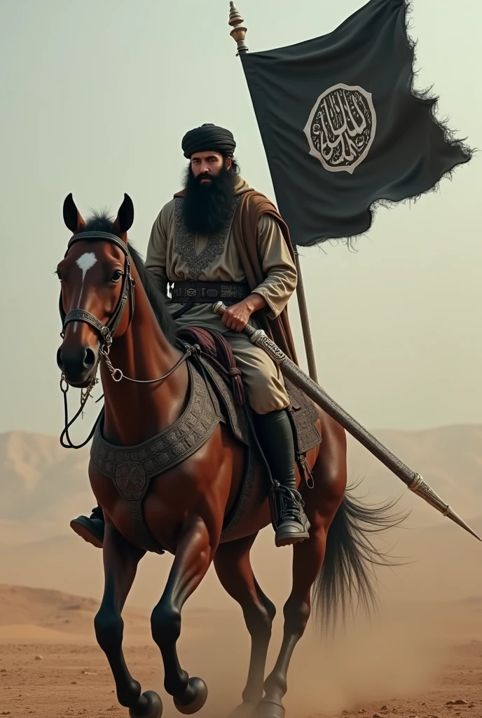 A attacking Muslim jihadi Man sitting On horse with black color Kalima flag and long Hazrat Ali sword