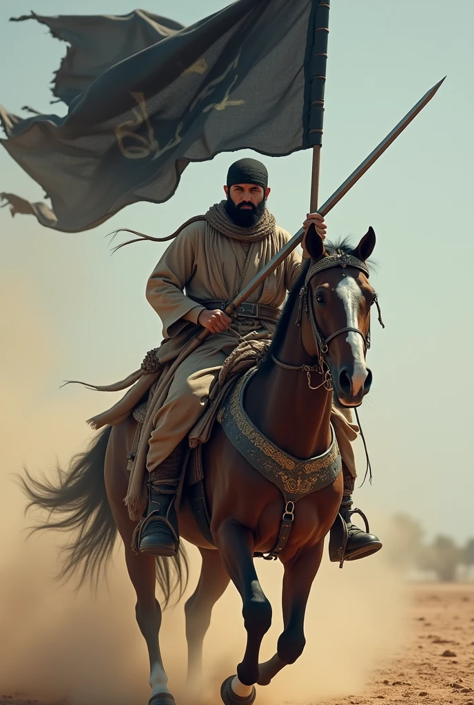 A attacking Muslim jihadi Man sitting On horse with black color Kalima flag and long Hazrat Ali sword
