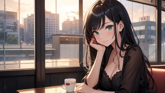 Art piece, masterpiece, anime girls, at a diner, artistic, highly detailed, high quality, 4K resolution, sitting at a diner booth, happy expression, extremely detailed art, rain outside of the large windows, peaceful scene, serene, anime style, zoomed out showing one whole side of the diner, black hair with volume, beautiful face, cute sundress, sexy, mature body, city life, perfect body and face, slight smile, beautiful green eyes, breakfast, correct anatomy, posing sexually, highly detailed face, detailed features, talking, beautiful, sexy, cute