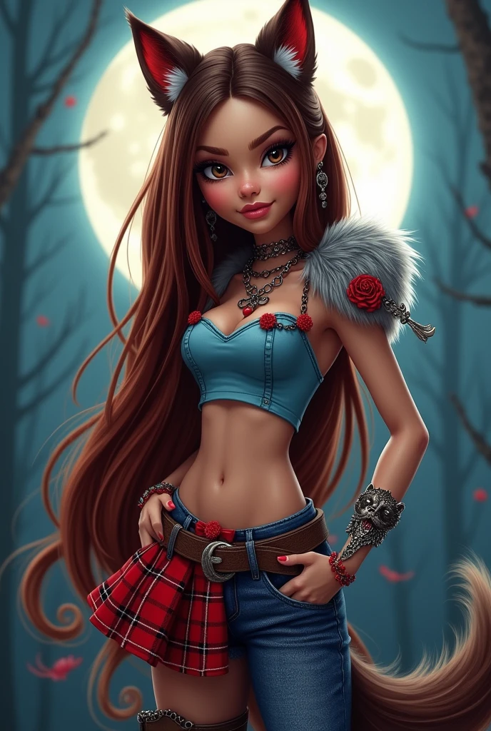Imagem da filha da Ramona Badwof e da Rosabella Beauty de Ever After High: You must have long straight brown hair with red highlights, brunette skin, light brown eyes, brown wolf ears, thin blue top with red rose and a red plaid skirt, small chains with wolf pendants that are attached to two gray fur shoulder pads on the right side, wolf earrings, wolf necklace, jeans and brown high heel long boots with red roses.
It has to be under the full moon
