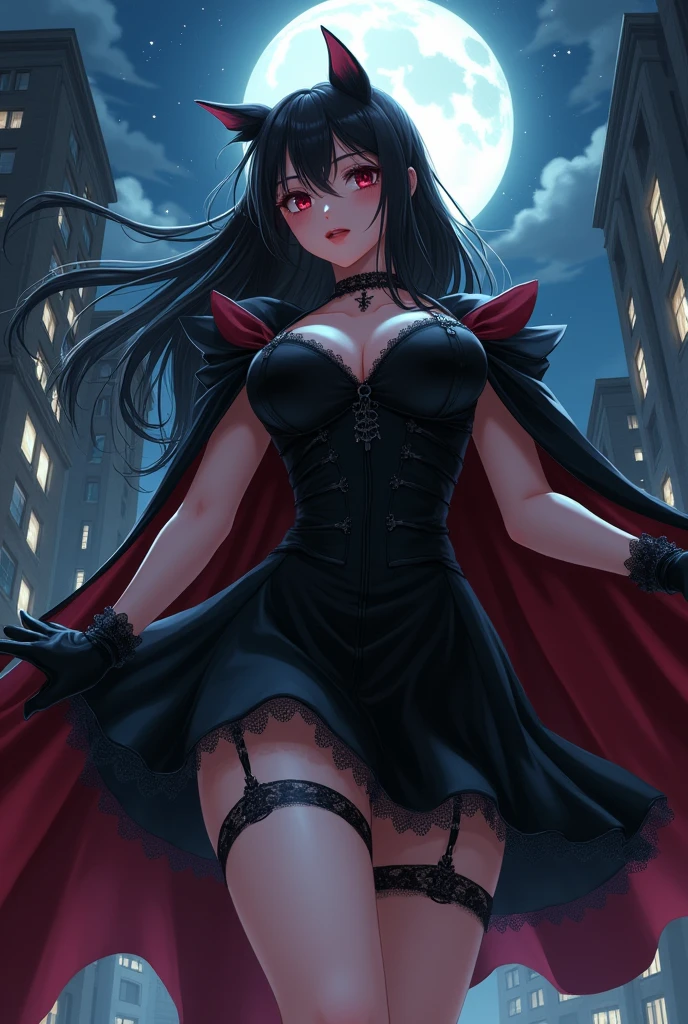 vampire heroine pose, cityscape, realistic, (retro anime), mature, (black dress, short dress), (lace accessories), [from below], fisheye view, ((majestic)), ((pose action)), (((elegant))), (((serious tone))), (close-up), masterpiece, (((realistic skin)) details,((reduced)), ((thighs thick)), ((wide hips)), cape, heroine gloves, sparkles, (dramatic lighting), sweat, [blush], [[pointy ears]], long hair, sky, sexy,