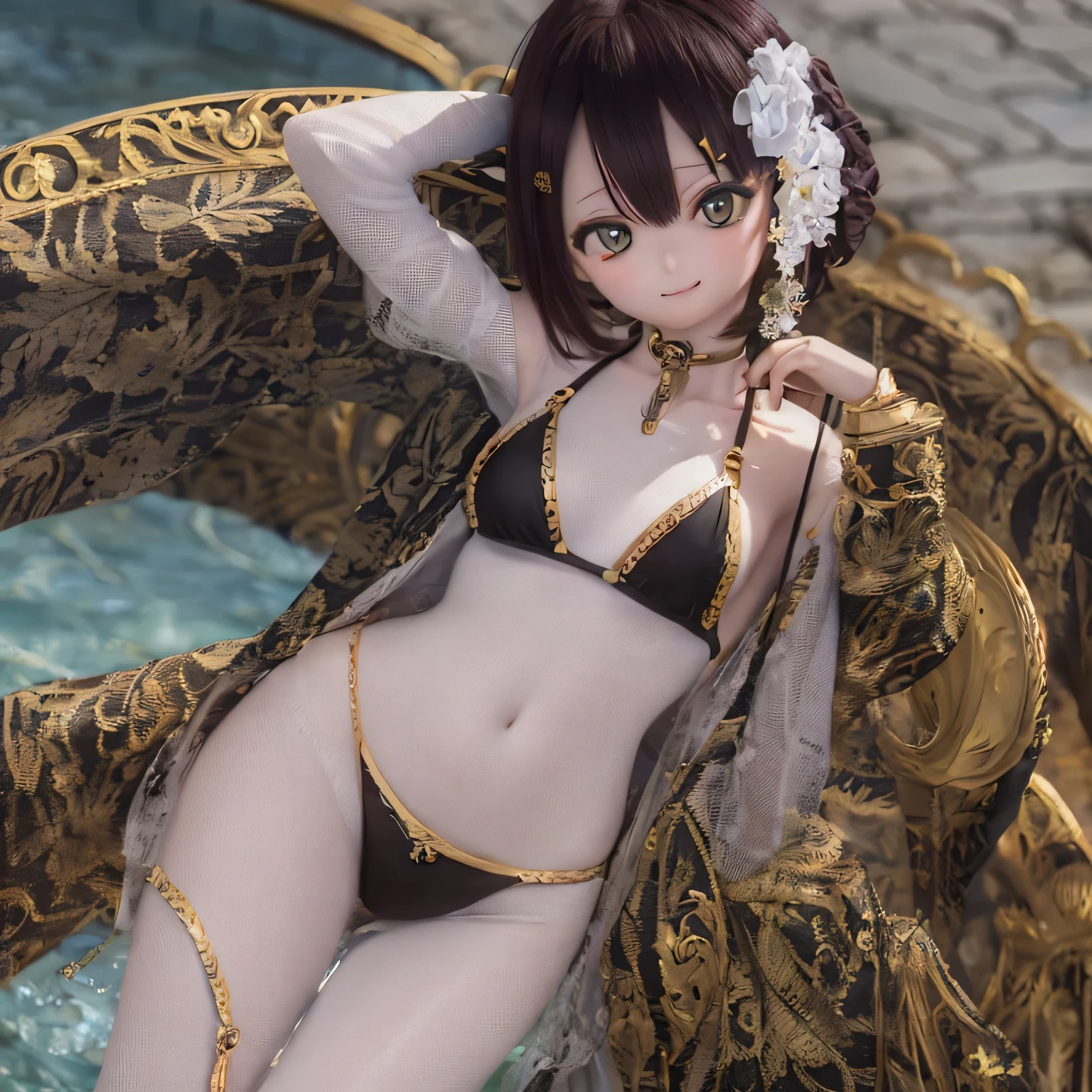 (Highest quality,4K,High resolution,masterpiece:1.2),Very detailed,Realistic,Beautiful details,Beautiful lip detail,Long eyelashes,Black Hair,short hair,smile,, (((bikini))),Cute expression,Hilarious,Playful,like,Bokeh,Soft lighting,Flat-chested  standing in the pool