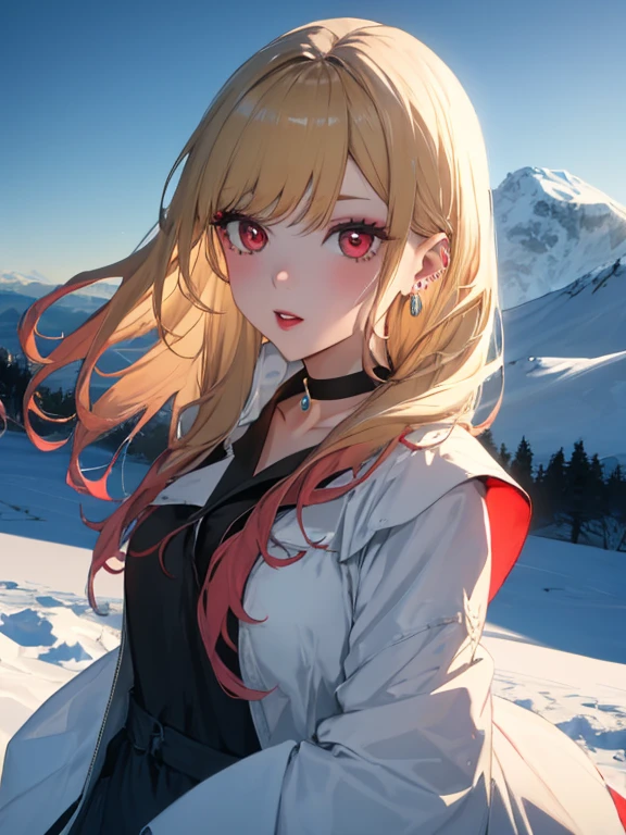 Snow Woman:1.5, Snow Scenery, Kitagawa Marine, The background is snowy mountains, One girl, Blonde Hair, Long Hair, Multicolored Hair, Red eyes, jewelry, Earrings, Earrings, Black choker, uhd, retina, masterpiece, ccurate, anatomically correct, textured skin, super detail, high details, high quality, best quality, highres, 4K