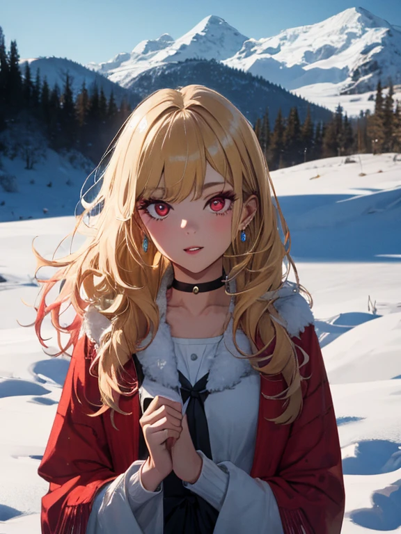 Snow Woman:1.5, Snow Scenery, Kitagawa Marine, The background is snowy mountains, One girl, Blonde Hair, Long Hair, Multicolored Hair, Red eyes, jewelry, Earrings, Earrings, Black choker, uhd, retina, masterpiece, ccurate, anatomically correct, textured skin, super detail, high details, high quality, best quality, highres, 4K