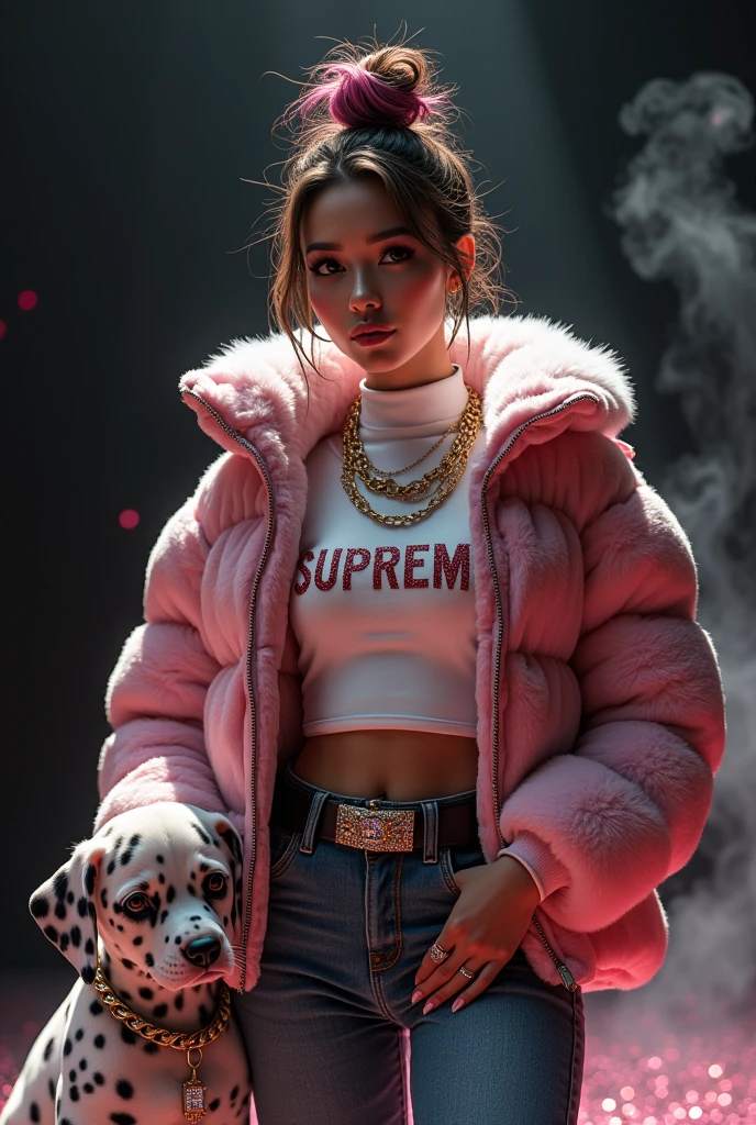 beautiful tanned japanese woman, wearing a designer fur puffer crop dalmatian print jacket , and white turtle neck t-shirt underneath the coat, write "SUPREME" with glitter on t-shirt, (t-shirt tucked in) (t-shirt underneath pants) tucked in the t-shirt inside underneath jeans pants, chain necklace, diamond rings, hoop earring, big diamond buckle leather belt, thick eyebrows, photorealistic, masterpiece, moncler, messy bun pink highlighted hair, open the jacket, lips pouting, pouts, void black background with smokes, glitters and particles and nice lighting, UHD, HDR, 8k, Masterpiece, beside her a big dalmatian puppy wearing gold collar, squatting on glittery floor, rap pose, swag.