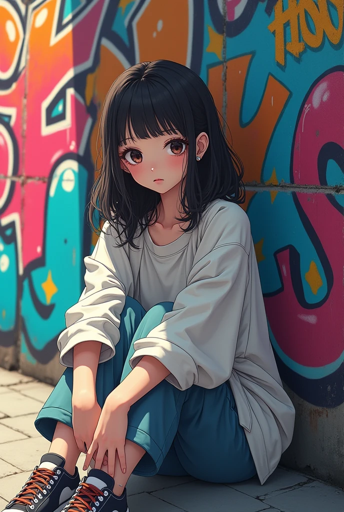 Draw a picture of a girl wearing baggy clothes, sitting, pose for photoshoot, graffiti background, anime art style
