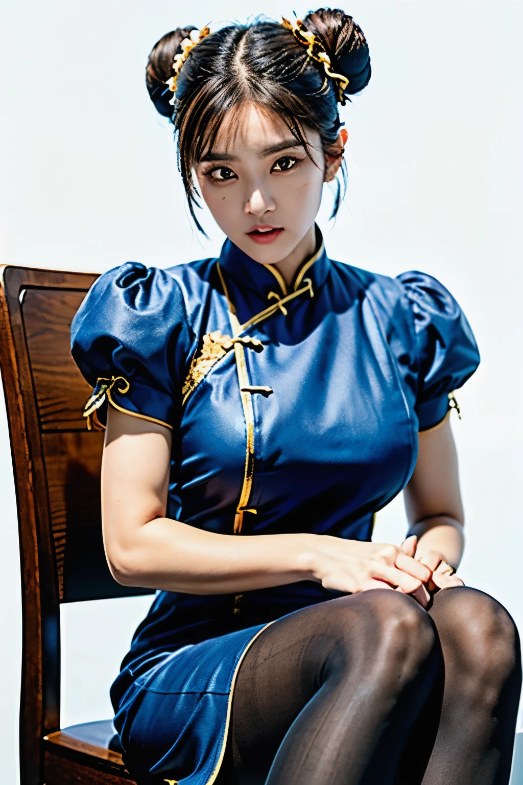 (Chun-Li from Street Fight II:1.2,perfect chun li costume:1.2,Blue cheongsam with gold lines:1.2,Bun head:1.2,bun cover:1.2,fighting pose:1.2,masterpiece:1.2、1 beautiful girl:1.2、fine eyes:1.2、puffy eyes:1.2、highest quality:1.2, 超High resolution:1.2, (reality: 1.4), movie lighting:1.2、Japanese:1.2、asian beauty:1.2、Korean:1.2、super beautiful:1.2、beautiful skin:1.2、body facing forward:1.2、(Full body:2.0,sitting:1.2,chair:1.2,legs togehter:1.2)、(超reality的な:1.2)、(High resolution:1.2)、(8k:1.2)、(very detailed:1.2)、(美しくfine eyes:1.2)、(Super detailed:1.2)、 (simple background:1.2)、detailed face:1.2、bright lighting:1.2、professional lighting:1.2、looking at the viewer:1.2、look straight ahead:1.2、slanted bangs:1.2、Nogizaka Idol:1.2、korean idol:1.2、masterpiece:1.2, highest quality:1.2, masterpiece:1.2, highest quality:1.2, perfect face:1.2, perfect brown eyes with white sclera:1.2, bad move-5:1.2, alone:1.2, 1 girl:1.2, Upper body:1.2, brown hair:1.2, From SF2:1.2, Chinese service:1.2, muscular woman:1.2, blue clothes:1.2, pantyhose:1.2, pelvic curtain:1.2, Puffy short sleeves:1.2, Good cover:1.2, sash:1.2, evaluation:safety:1.2),