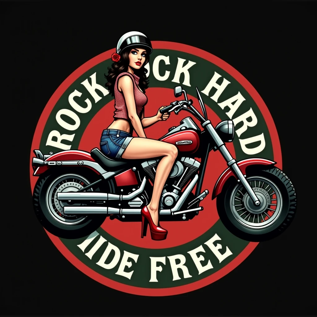 Pinup girl bpyunette in motorcycle helmet on old school motorcycle, in red shoes, in fishnet stockings, in a red, sleeveless, checked shirt with an open bust, in denim short shorts, red rose in hair. In the style of old school tattoo. Eldstudio89 in the circle of words: ROCK HARD RIDE FREE