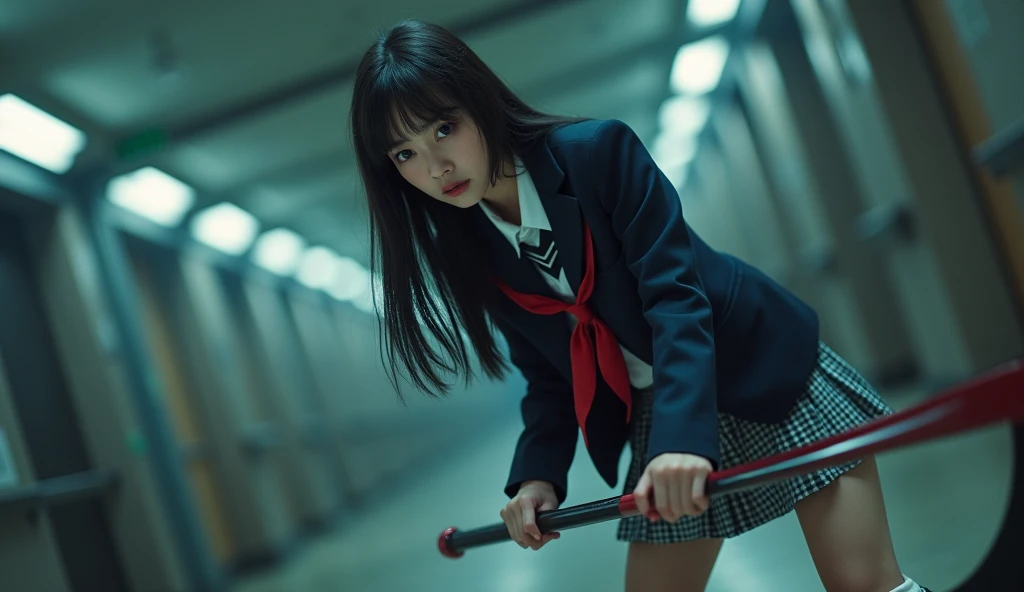 Real, Wide Shot, 1. Female, Japanese Teen, Straight Long Hair, Big, sharp eyes shining brightly, Long eyelashes, A navy blue blazer with a red ribbon tie over a white dress shirt, Checked mini skirt, Tokyo Metropolitan High School Uniforms、white calf,Navy blue socks,Socks and white sneakers, A large scythe is the weapon of choice、He has a big scythe like the Grim Reaper, Horikita Maki, Gogo Yubari, Kill Bill, indoor, Bokeh effect, Depth of written boundary, 超Real, Professional photography, Cinema Lighting,Round eyes，Fair skin,I'm attacking,Murderous Intent,Murderous Beautiful Girl,live-action,