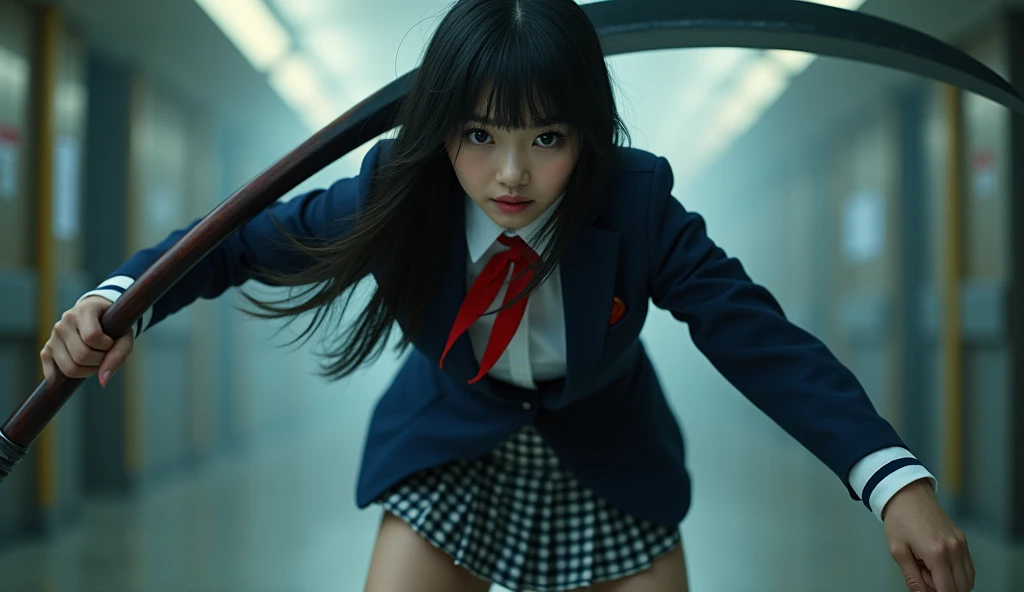 Real, Wide Shot, 1. Female, Japanese Teen, Straight Long Hair, Big, sharp eyes shining brightly, Long eyelashes, A navy blue blazer with a red ribbon tie over a white dress shirt, Checked mini skirt, Tokyo Metropolitan High School Uniforms、white calf,Navy blue socks,Socks and white sneakers, A large scythe is the weapon of choice、He has a big scythe like the Grim Reaper, Horikita Maki, Gogo Yubari, Kill Bill, indoor, Bokeh effect, Depth of written boundary, 超Real, Professional photography, Cinema Lighting,Round eyes,Fair skin,I'm attacking,Murderous Intent,Murderous Beautiful Girl,live-action,