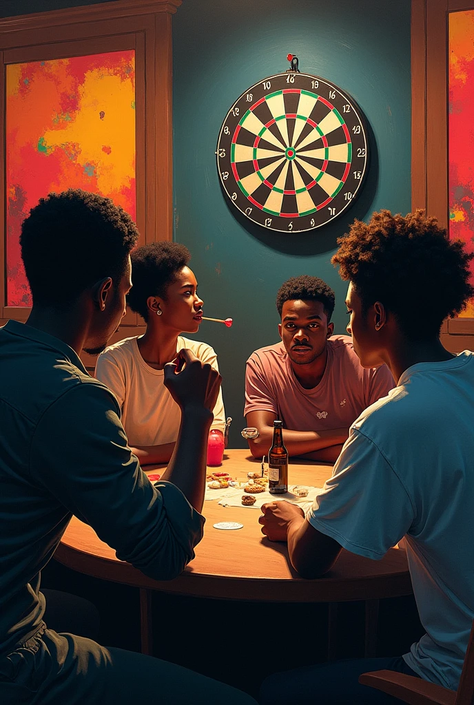 Focused african american university students playing darts. Image must be art style.