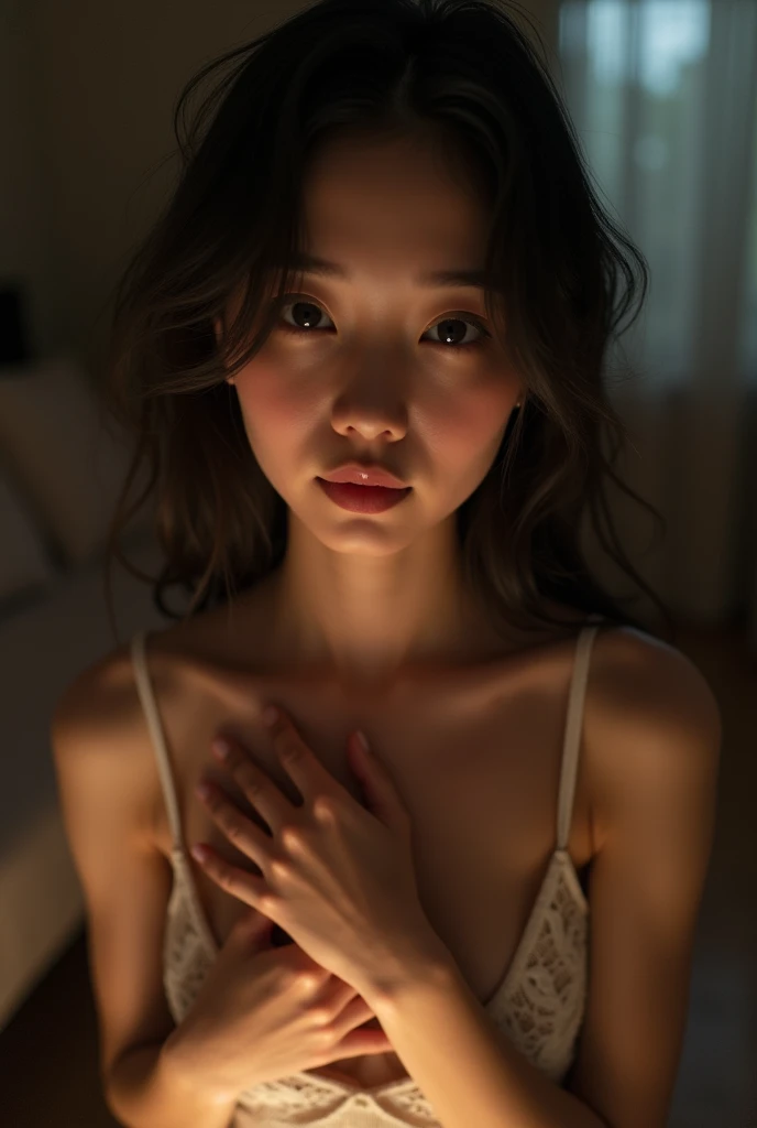 A selfie of a fair-skinned Japanese woman bending over from the neck down。No clothes。Covering her chest with her hands。Soft Light。Living room at night。Selfie style。