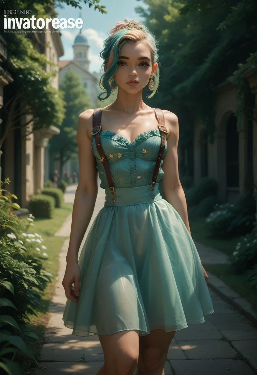 Masterpiece, superlative, spring dress, colored hair, outdoor, magazine cover, transparent short skirt,, suspenders, light tulle, wide hips, thin waist, smooth soft and delicate skin