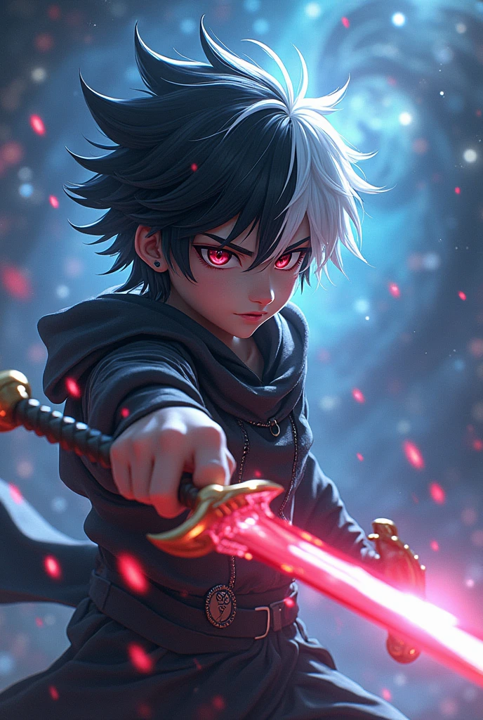 Make a character named BNB who has black and white fluffy hair,black clothes and make him hold cursed swords slashing forward in a cosmic background shorter hair boy