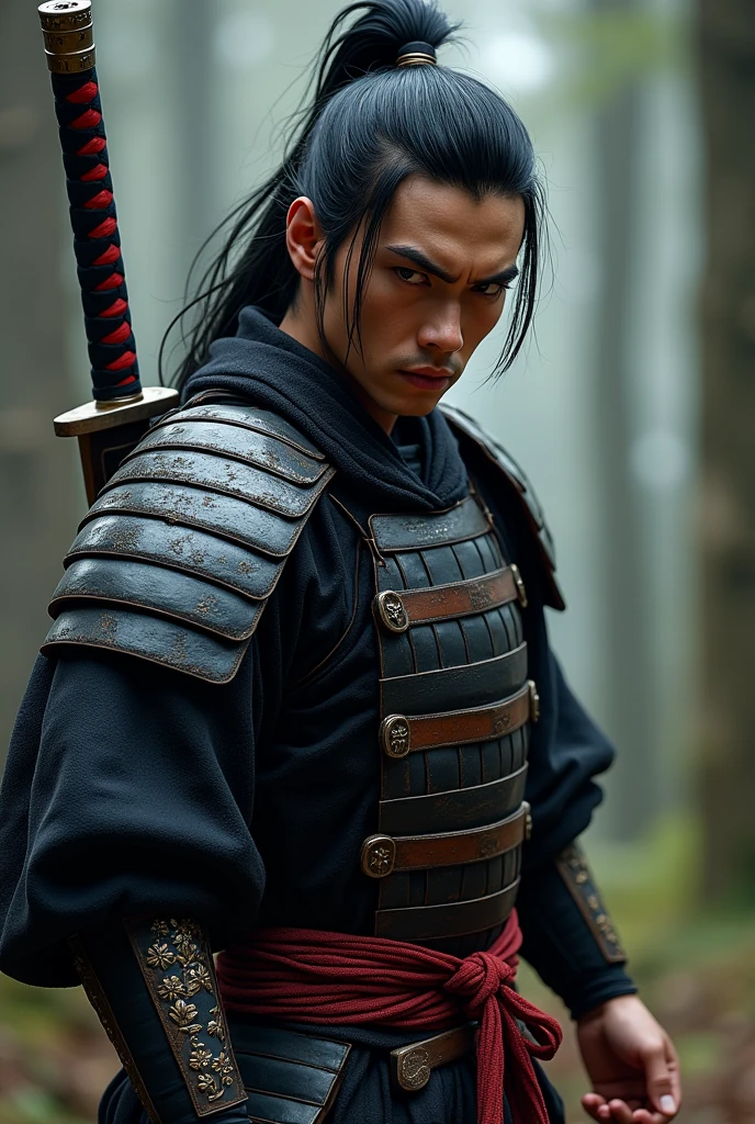 samurai warrior, ((masterpiece, highest quality, Highest image quality, High resolution, Raw photo, 8K)), ((Extremely detailed CG unified 8k wallpaper)), (huge stunning warrior shot, full body, musclural body beauty:1.4), black hair, black hair, nervous, Posing for the camera, In a warrior fighting stance, stern expression, unkempt hair, and wearing traditional samurai attire. He carried two swords—a katana and a wakizashi—and had a rugged, battle-hardened look., photorealistic, 16k, 8k, 4K, award winning