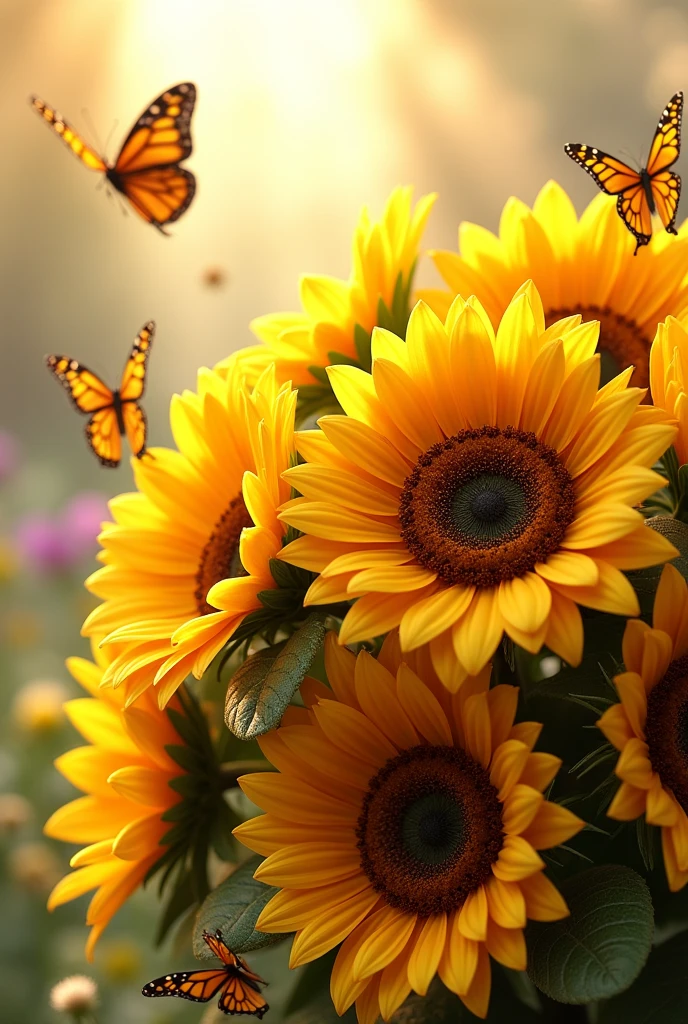 a wedding boquet of sunflowers with butterflies in the background