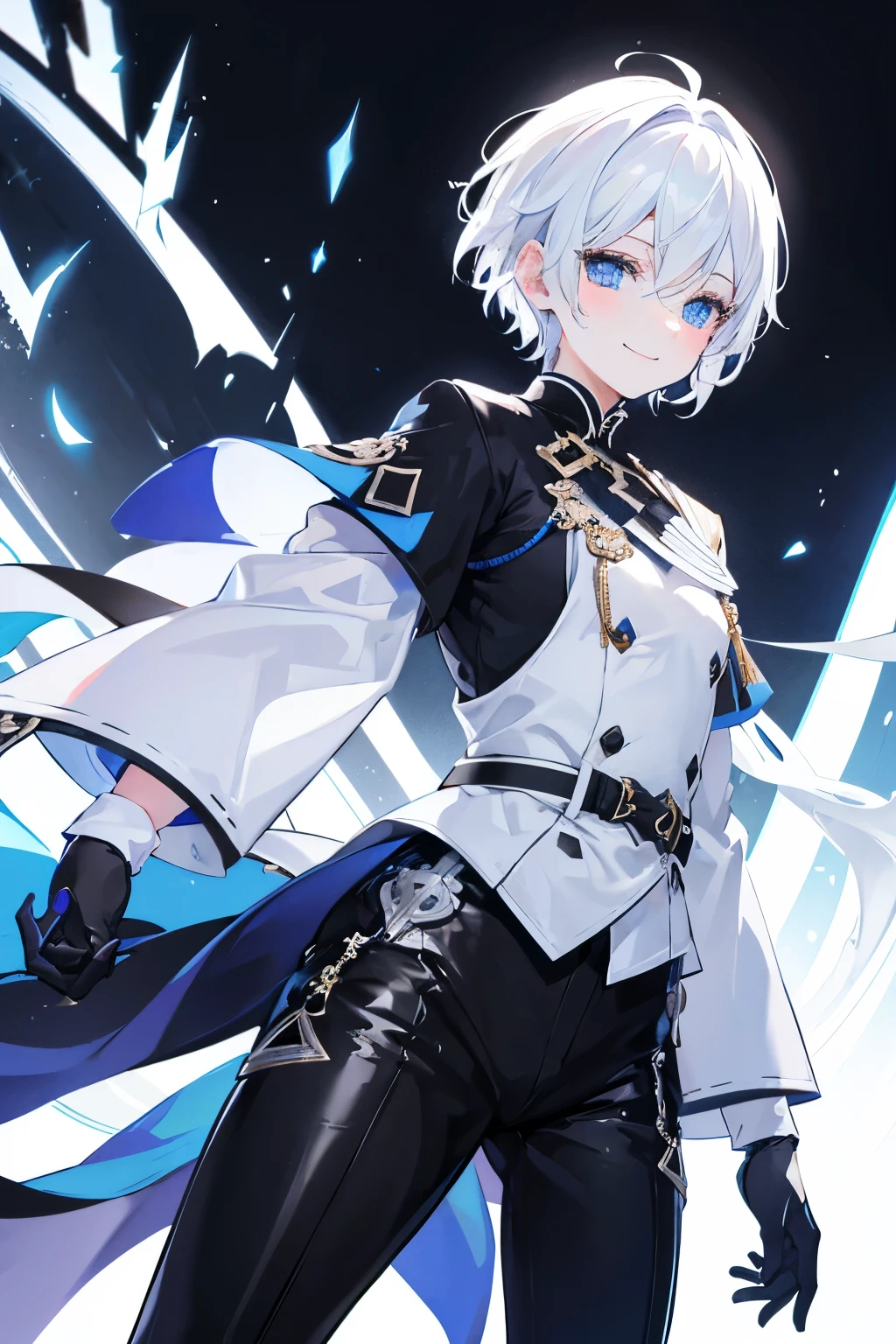 Blue eyes, white hair, very short hair, cross-dressing, knight, black gloves, pants, cute, smile, stockings, highlight color, Japanese tit, white and black