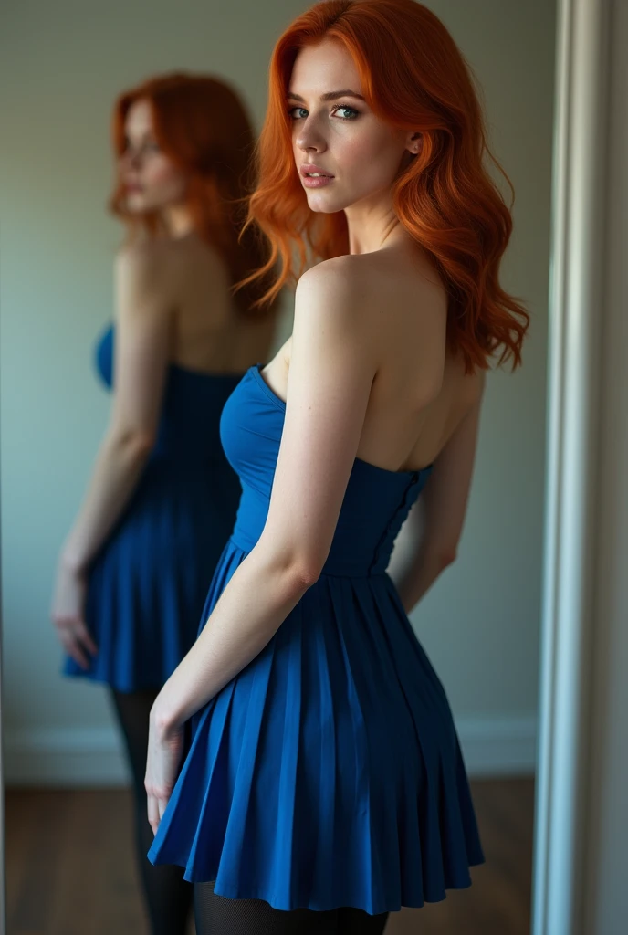 Canadian woman, 20 years old, Redhead hair side hairstyle, very Big bust, posing from back in photo in full body, Very open and sleeveless blue strapless dress, plissada skirt, black pantyhose, high heels, in front of a mirror, detailed face