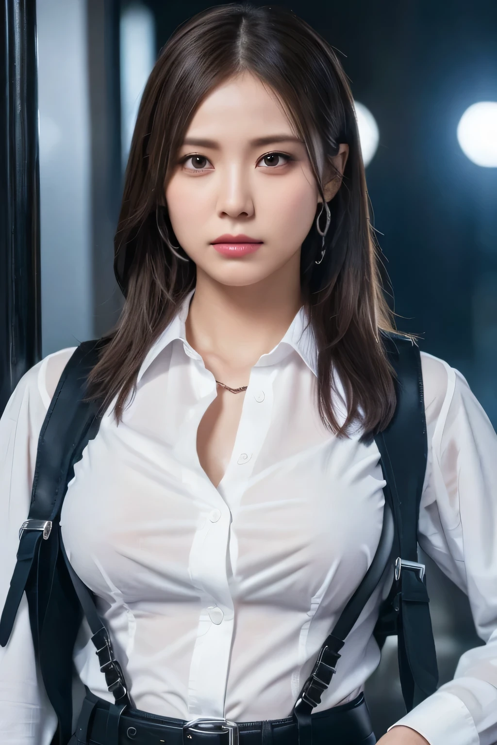 a woman in a suit, belt, hands behind back, sweating, suspenders, black pants, sexly, large breasts, see-through clothing, rain, detective, office worker, white button-up shirt, (best quality,4K,8k,highres,masterpiece:1.2),ultra-detailed,(realistic,photorealistic,photo-realistic:1.37),hyper-detailed,highly detailed face and body, Slender　thin　suspenders　Moderate breasts　See-through shirt　Nipples　holster　chain　Pistol　Armament　criminal　Female criminal　knife