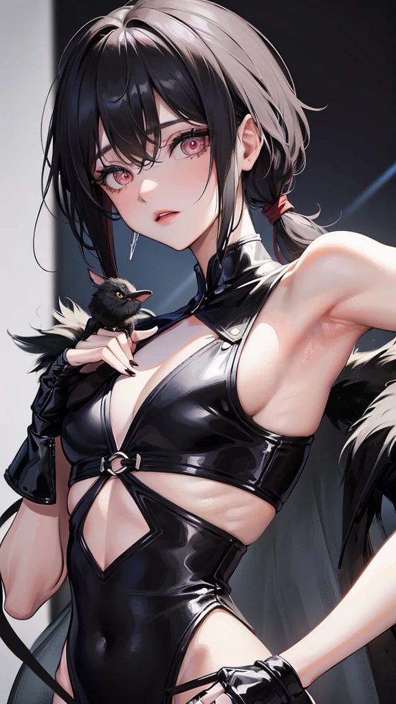 NSFW, short boy, feminine small shotacon, holding crow pet, small fragile body with small abs, black fur-lined clothes hanging on the shoulder, little to no clothes (showing core body), black hair, very messy mullet hair, bangs, shining crimson eyes, masterpiece, 8k, photorealistic, chiaroscuro lighting, dramatic shadows, cinematic composition, coast background, wearing black short, sharp black nails