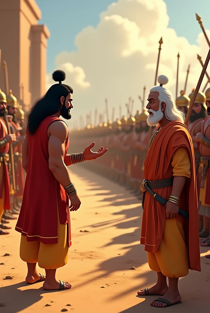 Generate in cinemetic 3d Cartoon**Duryodhana's Presentation:** "Duryodhana, looking proud and slightly anxious, is demonstrating the power of the Pandava army to his mentor Dronacharya. The scene captures the impressive array of Pandava warriors, with their grand weapons and battle-ready demeanor, set against the backdrop of the battlefield.".
