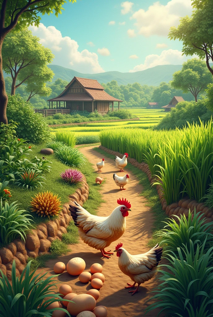 A farm with chicken laying egg and onion plant with black pepper plant and rice plant chicken egg
And salt field and some black pepper