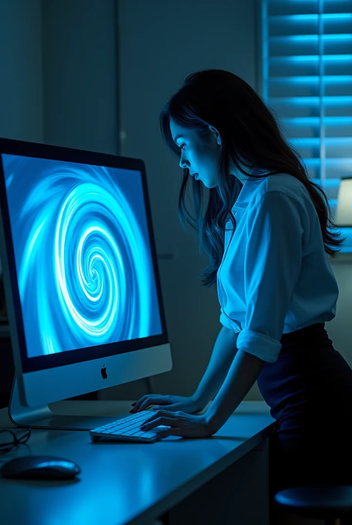 A sexy beautiful girls, white shirt, pencil skirt, work in office and look the screen of computers and her computer screen displayed a hypnotic glowing blue spiral and the woman's eyes appeared blue spirals as she looked at her computer screen and her became very hypnotized while looking at his computer screen and her was deeply hypnotized and his eyes turned into blue spirals then his face got closer to the screen then his face got closer to his screen with his eyes becoming blue spirals then he was very fascinated by the screen then her was so fascinated by the screen that her kissed the computer screen with his eyes turning into blue spirals until her droolled her was crazy about the blue spiral and her stood up from his chair and bent over while looking at his computer screen