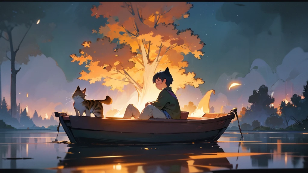 a young boy lying and looking up at the night sky, a cat sleeping on a small raft in a calm very small lake, fireflies illuminating the surroundings, glowing patterns on the grass, leaves, trees, and mushrooms around, atmospheric, serene, detailed, (best quality,8k,highres,masterpiece:1.2),ultra-detailed,(realistic,photorealistic,photo-realistic:1.37),digital painting,cinematic lighting,vibrant colors,beautiful landscape,tranquil scene,fantasy
