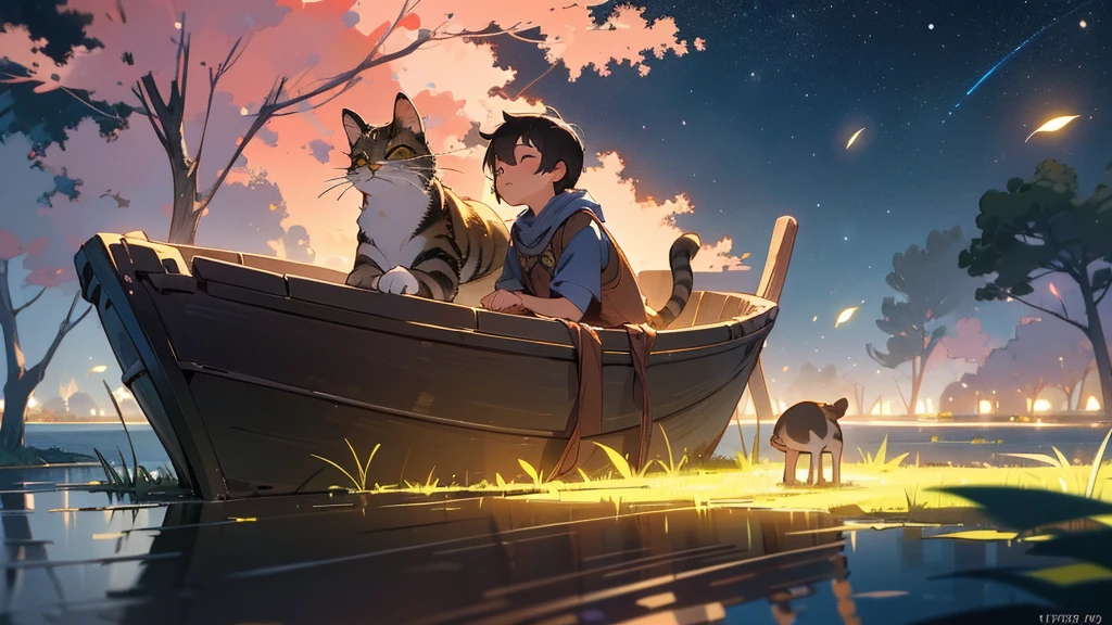 a young boy lying and looking up at the night sky, a cat sleeping on a small raft in a calm very small lake, fireflies illuminating the surroundings, glowing patterns on the grass, leaves, trees, and mushrooms around, atmospheric, serene, detailed, (best quality,8k,highres,masterpiece:1.2),ultra-detailed,(realistic,photorealistic,photo-realistic:1.37),digital painting,cinematic lighting,vibrant colors,beautiful landscape,tranquil scene,fantasy
