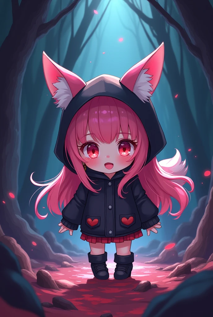 Chibi,cute,간단한 ship경,1 woman, alone, long_hair, looking for_~to_viewer, open_mouth, Red_eye, long_Sleeve, jacket, saturated_body, pink_long hair, Boots, Hood, Chibi, Black color_footwear, Black color_jacket, Black color_eye, coloRed_skin, Hooded_jacket, Cloak, Abyss_ship, performance, Hood_consolation, White_skin, fox ears