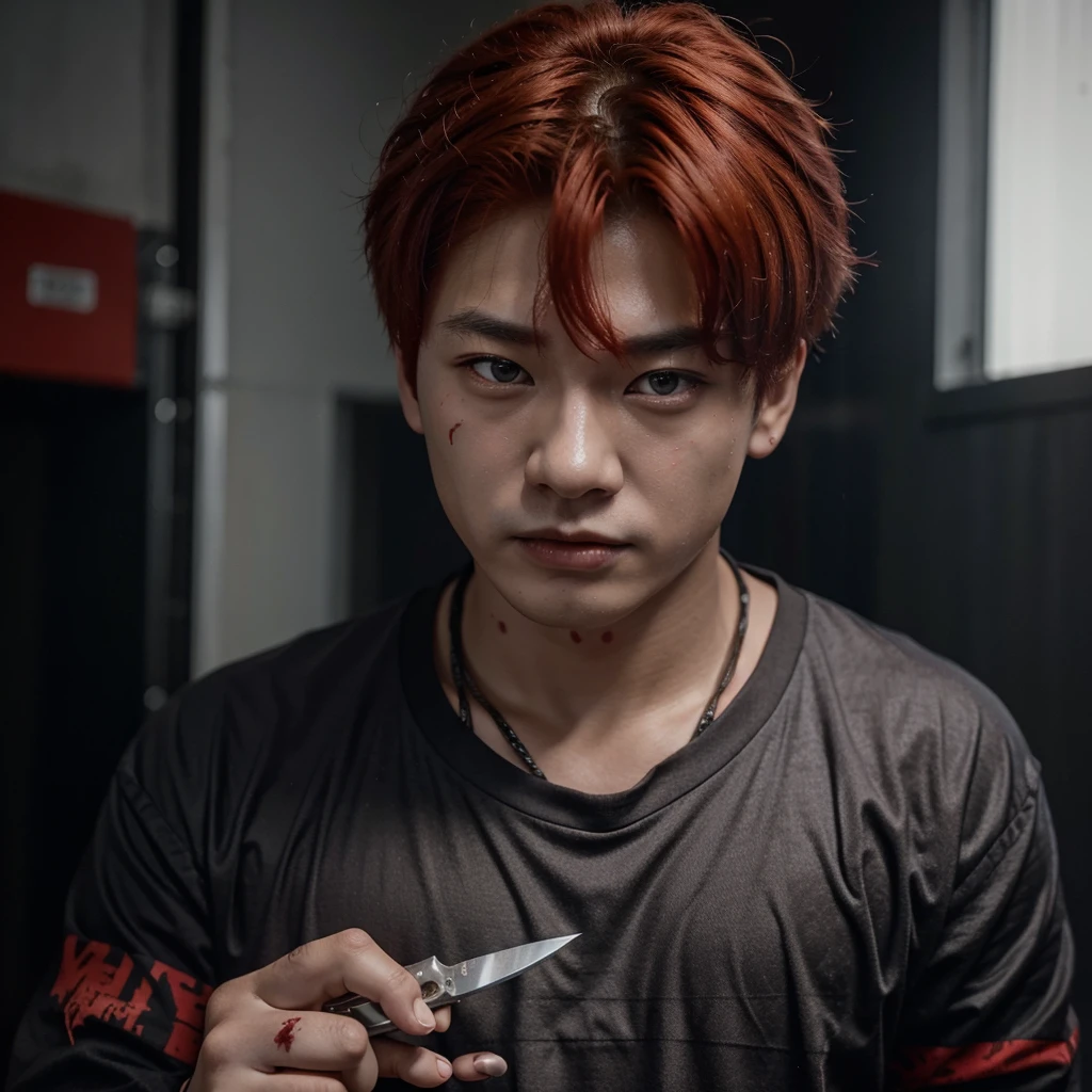 Yang Jeongin, de Stray Kids. Redhead boy with blood and a knife. Horror movie atmosphere, sexy killer, psychopath 