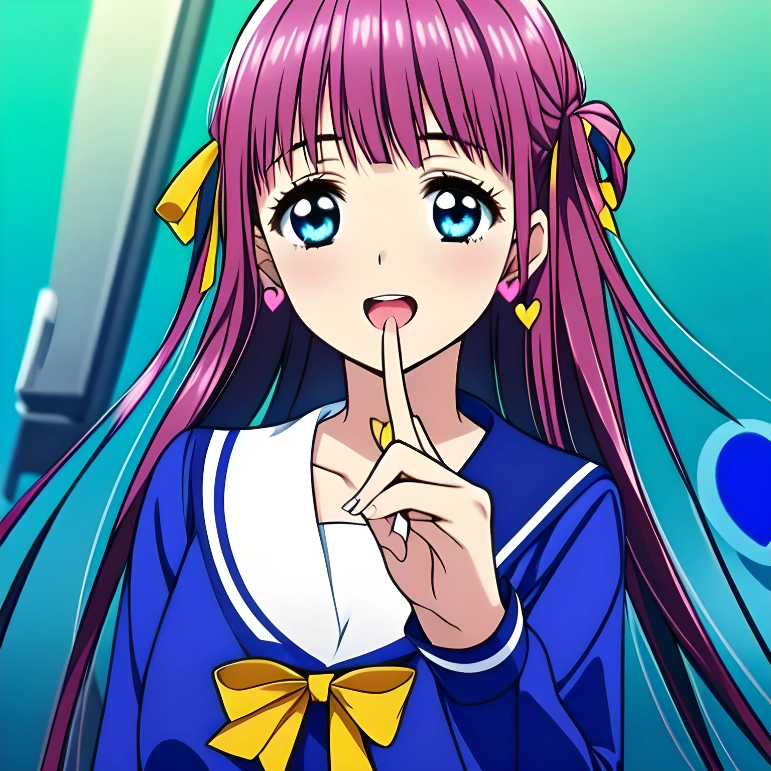 highest quality, (masterpiece:1.2), (A noble game heroine, beautiful noble intelligent heroine, Very detailed beautiful 16yo adult heroine's portrait of game CG, beautifully and artistically painted as cover of girl's magazine: 1.6), (She is turning quickly and looking at me: 1.0), (A girl whom everyone loves because of her beauty and lovely fashion and graceful personality and noble manner. A refined and elegant look like a noble princess. : 1.4), (In fact she is a very intelligent succubus, trying to charm, enslave and absorb me with deeply thought out intelligent strategy!: 1.0), (Very beautiful, wavy, cutely shining super-super-long blue hair, with elegant hair ribbons with very good smell of female pheromones: 1.4), (Laughing very beautiful and shining sapphire-blue intelligent eyes with very long eyelashes which charms and enslave me inevitably, with detailed very well: 1.6), (The elegant, slightly open mouth and glossy wet lips of an anime heroine: 1.0), (Noble, fully dark navy blue, neat sailor-styled one-piece blue school uniform, fully dark navy blue blouse, and neat elegant dark dark-navy-blue pleated skirt, with a big yellow noble ribbon on the chest: 1.4), (Large but well figured breast: 1.0), (Laughing at me, but that gives a heavenly feeling of happiness with beautiful and great smiley noble face: 1.2), (The wind is blowing: 0.8), (She is touching me with her beautiful fingers, chewing me and absorbing everything from me just now: 1.5), (Light blue background wallpaper with girly cute heart symbols: 1.4)