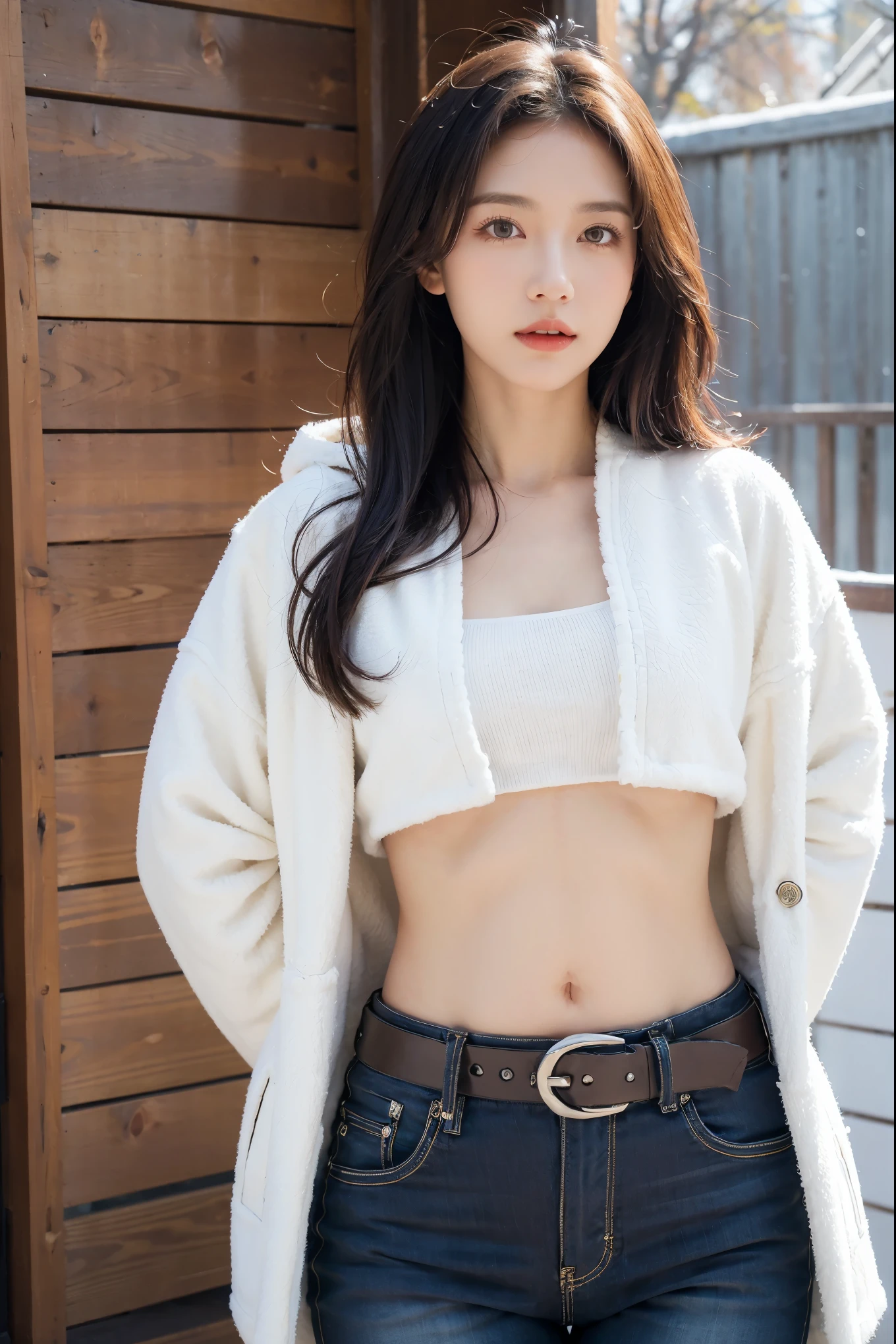 Girl in a winter scene, Short down jacket showing belly, Revealing the lower abdomen,Sexy belly,low waist pants, metal belt, cowboy shoot, The abdomen is completely empty., Detailed facial features, beautiful eyes, lips, and long eyelashes, reality, 8ก,very detailed, studio lighting, incredible light, bright colors, work, Winter atmosphere
