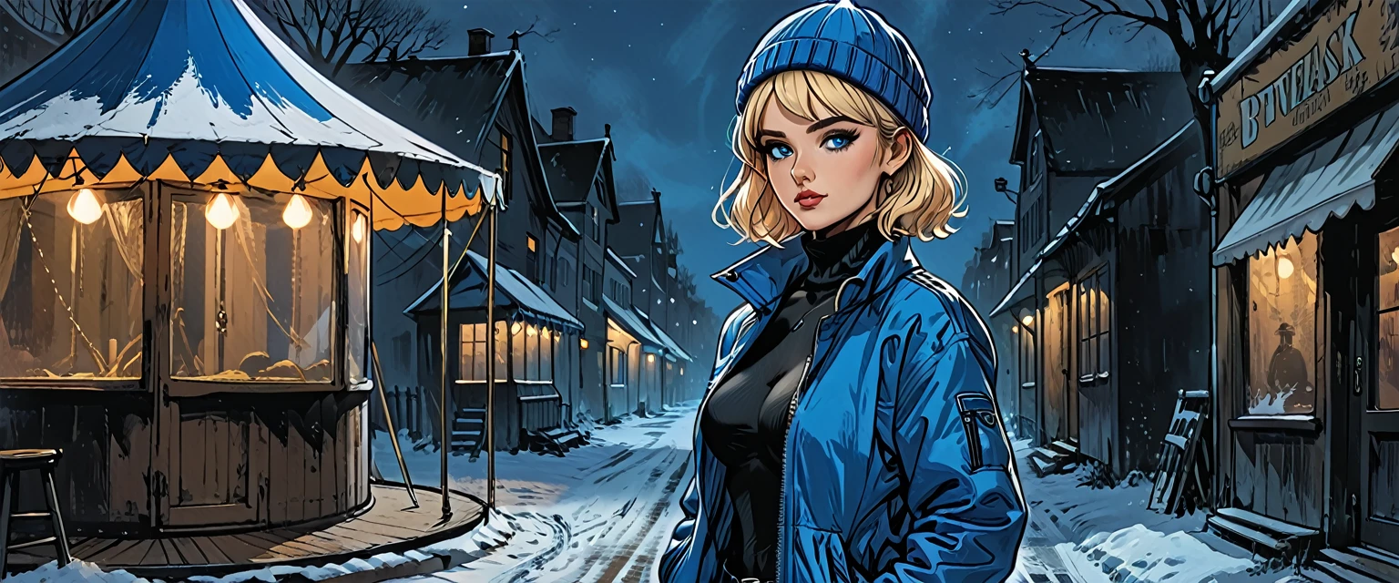 ((girl in Blue zipped up down winter jacket and black turtleneck )) and (jeans) and blue gloves and (((blue winter hat)))) extending her hand to the observer with a smile,adult, [Nordic], Hourglass elongated fitness body, perfect Olive skin, Oval Face, Long neck, Rounded shoulders, perfect hand, Attached Pointed ears, round forehead, (Short blonde Waves pixie hair), snub nose, Arched eyebrows, ((closed Eyes)), High Round Narrow cheekbones, Dimpled Cheeks, Rounded Chin, Rounded Jawline, Full nude Lips, (closed eyes), Nude Makeup Look, long eyelashes, third breast size, long slim fitness legs, graphic style of novel comics, perfect hands, 2d, 8k, hyperrealism, masterpiece, high resolution, best quality, ultra-detailed, super realistic, Hyperrealistic art, high-quality, ultra high res, highest detailed, lot of details, Extremely high-resolution details, incredibly lifelike, colourful, soft cinematic light, 
