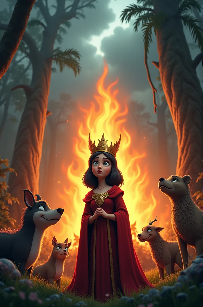 Cartoon 3d image style "Dark clouds start to gather overhead. The forest animals look up in fear as a fire begins to spread in the background, with flames starting to consume the trees. The queen looks concerned but determined"